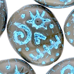 Sugar Skull Pebble Bead, Gray with Blue, 5/8" / 16mm Oval, Czech Glass #L-551