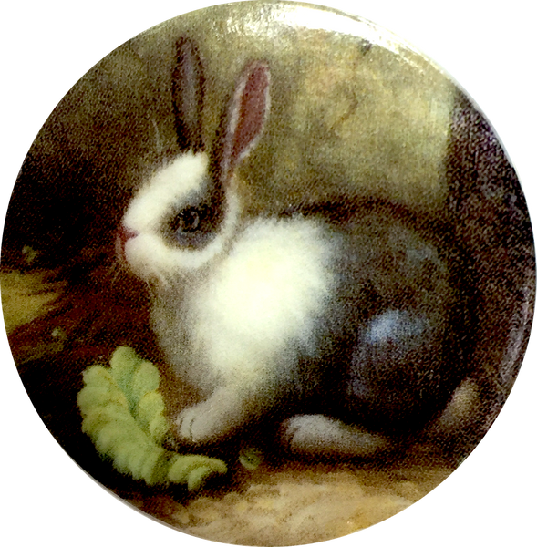 Re-Stocked, Black / White Bunny Rabbit Button by Susan Clarke, 1-5/16"