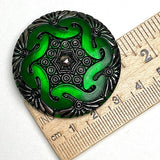 Dark Green Large Deco Hexagon Handpainted OOAK Czech Glass Button, 1-5/8", Susan Clarke  #SC885 E