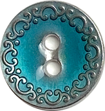 Re-Stocked, Blue Turquoise Metal w. Silver Swirls Border 11/16" Button. #SWC-91