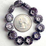 TWELVE Dark Purple Czech Glass Hibiscus Flower Beads, 1/2" / 12mm # L009