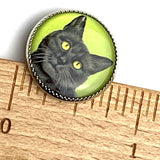 Last Ones, Cat Portrait, Black Kitty on Green 18mm Winky and Dutch 3/4" Shank Back Button