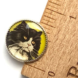 Last Ones, Cat Portrait, Black & White Longhair Kitty on Yellow 18mm Winky and Dutch 3/4" Shank Back Button