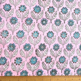 Blue / Pink Flowers Cotton Voile Hand Block Print from India by the Yard #5056
