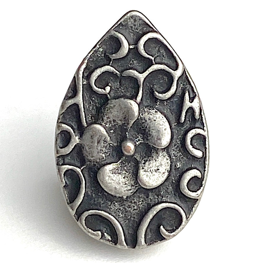 Re-Stocked, Silver Flower Drop w. Swirls Metal Button 3/4