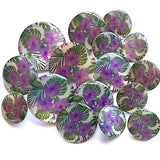 Lot of 16 Purple Hibiscus Flowers on Shiny Mother of Pearl Buttons, 3 sizes, Outlet Item, $10.00, # MV25