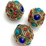 Turquoise, Coral and Lapis Brass Beads from Nepal, 15mm x 19mm,   # L795