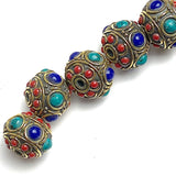 Turquoise, Coral and Lapis Brass Beads from Nepal, 15mm x 19mm,   # L795