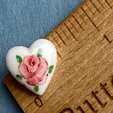 Handpainted Pink Rose on White Vintage Glass Heart 9/16" Button from Susan Clarke  #SC51