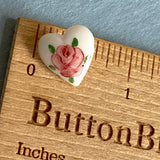 Handpainted Pink Rose on White Vintage Glass Heart 9/16" Button from Susan Clarke  #SC51