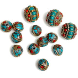 SALE Set of 13 Rustic Nepali Beads, Turquoise, Brass, Coral, 10 Small plus 3 Large # L772