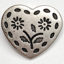 Stitched Heart Antique Silver 1-1/8" Button, 27mm, Italy, Shank Back # FJ-60