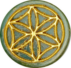 Sacred Geometry Flower, Large Round "Coin" Green/Gold Czech Glass Bead,  3/4" / 20mm, #L-873