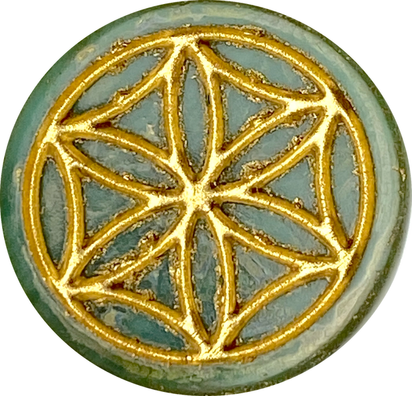Sacred Geometry Flower, Large Round "Coin" Green/Gold Czech Glass Bead,  3/4" / 20mm, #L-873