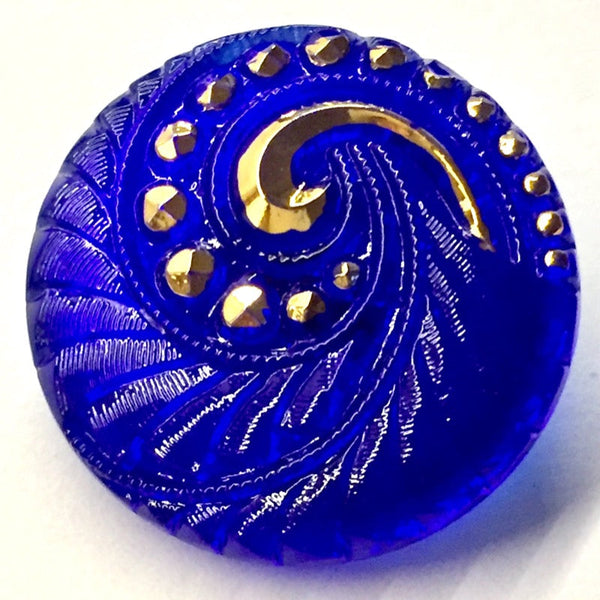 LAST ONE, Large Bright Cobalt Sapphire Swirl w. Gold Czech Glass Button 1-1/16"  #CZ 117
