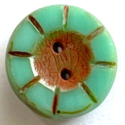 LAST ONES: Jade Green Rustic Czech Glass Sunray Flower, 2 hole button 14mm/ 9/16"  #L-177