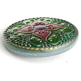Plum / Green Sacred Flower Handpainted Czech Lacy Glass 1-1/4", Susan Clarke #SC-575
