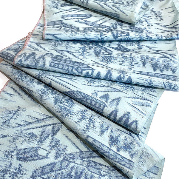 Blues Ikat, Houses and Trees Handwoven Vintage Tsumugi Kimono Silk from Japan by the Yard # 773