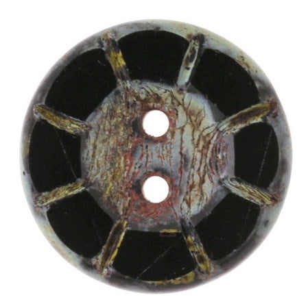 SALE, Black Rustic Czech Glass Sunray Flower, 2 hole button 14mm / 9/16"  #L-978