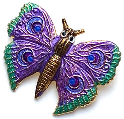 Butterfly or Moth Purple/Green Button, 1.25" Handpainted by Susan Clarke, #SC-572