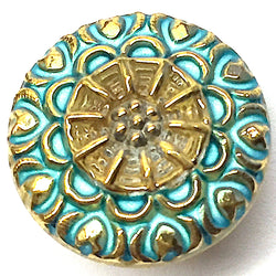 Turquoise + Gold Filigree Mandala Czech Glass Glass Button 3/4" # CZ 033