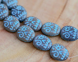 Sugar Skull Pebble Bead, Gray with Blue, 5/8" / 16mm Oval, Czech Glass #L-551