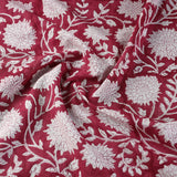 Remnant, Raspberry Red Floral Hand Block Print from India, 44" Wide x 1-1/8 Yard long, 100% Cotton, #TK-45