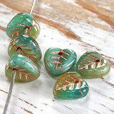 Re-Stocked, Czech Glass Bead, Small Green/Turquoise/Gold Leaf Drop, 3/8" / 9mm, 25 Beads, #L-886