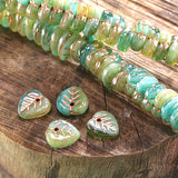 Re-Stocked, Czech Glass Bead, Small Green/Turquoise/Gold Leaf Drop, 3/8" / 9mm, 25 Beads, #L-886