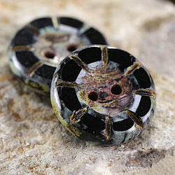 Black Rustic Czech Glass Sunray Flower, 2 hole button 14mm / 9/16"  TWO BUTTONS #L-978