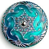 Teal Large Deco Hexagon Czech Glass Button, 1-5/8", Susan Clarke #SC885 B