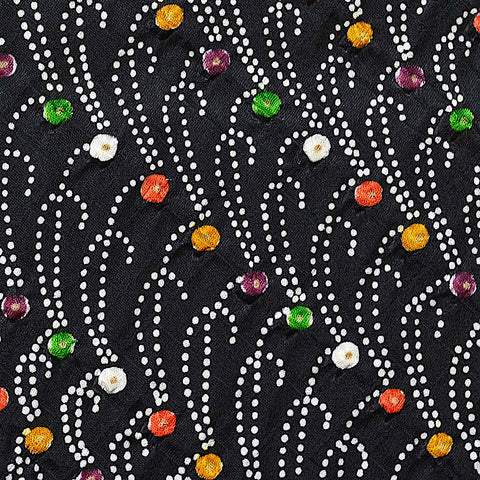 Shibori Diagonal Colorful Multi Dots on Black Vintage Kimono Silk, 6.5" x 78"  #4559