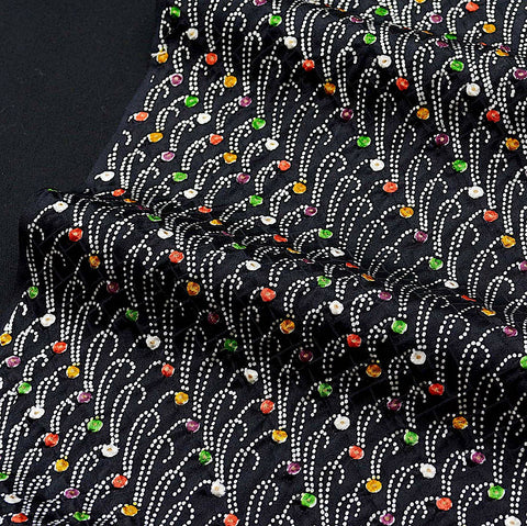 Shibori Diagonal Colorful Multi Dots on Black Vintage Kimono Silk, 14" x 41"  #4559