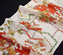 SALE Tomato/Ivory/Gold Chrysanthemums Vintage Kimono Silk from Japan, 14" x 63"   #4647