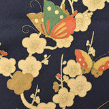Gold Mums & Butterflies on Blue/Black Vintage Kimono Silk from Japan, 6" x 51" Piece #4686