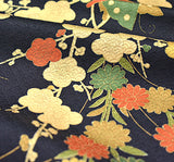Gold Mums & Butterflies on Blue/Black Vintage Kimono Silk from Japan, 13" x 63" Piece #4686