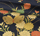 Gold Mums & Butterflies on Blue/Black Vintage Kimono Silk from Japan, 6" x 75" Piece #4686