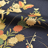 Gold Mums & Butterflies on Blue/Black Vintage Kimono Silk from Japan, 13" x 63" Piece #4686