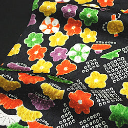 Black + Brights Faux Patchwork Vintage Kimono Silk Satin from Japan 14" x 40". # 4374