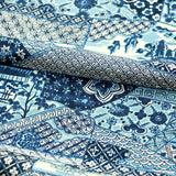 Many Blues Faux Patchwork Vintage Chirimen Crepe Kimono Silk from Japan. 14" x 60".  #4344