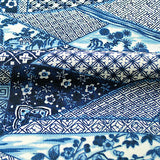 Many Blues Faux Patchwork Vintage Chirimen Crepe Kimono Silk from Japan. 14" x 60".  #4344