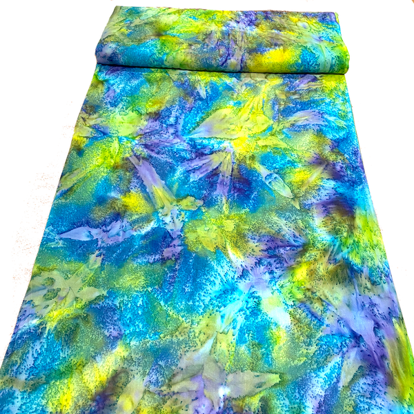 Turquoise/Lime Artisan Salt Dye/Tie Dye Rayon Challis from India, By the Yard  #HB-273