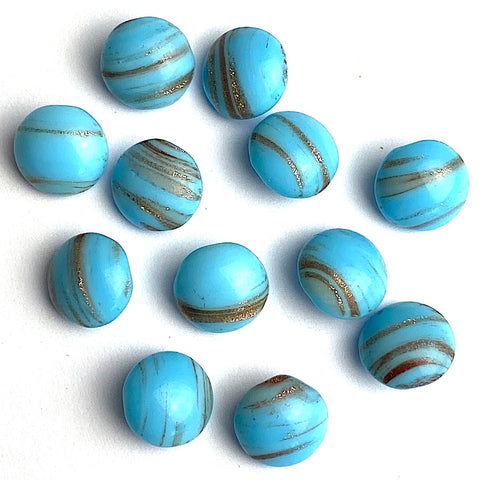 SALE Turquoise Blue Vintage Glass with Gold Streaks, 7/16" Buttons, Vintage, Europe 11mm Pack of SIX  #CL-06