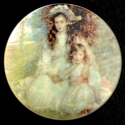 Portrait of Sisters on Mother of Pearl Button by Susan Clarke, 1-3/8"  #1572