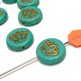 Green / Gold Lotus Flower BEAD, Rustic Opaque Czech Glass, 14mm / 9/16", Pack of 14 beads  #AB604