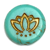 Green / Gold Lotus Flower BEAD, Rustic Opaque Czech Glass, 14mm / 9/16", Pack of 14 beads  #AB604