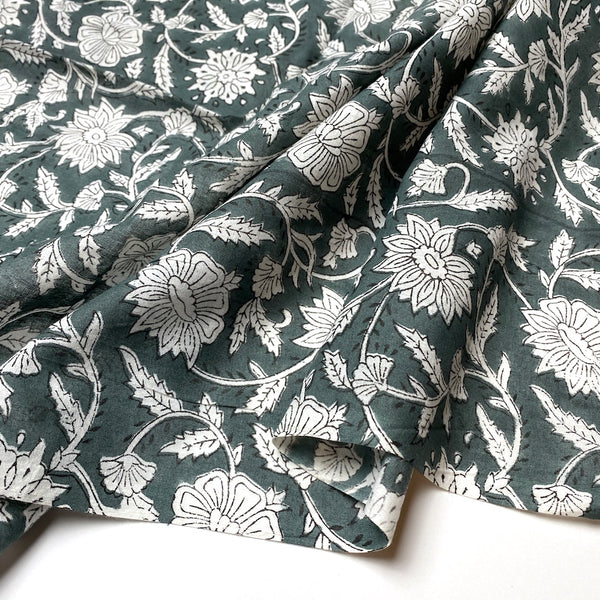 Dark Green/White Floral Cotton Block Print from India, 1 Yard Piece #LB-24