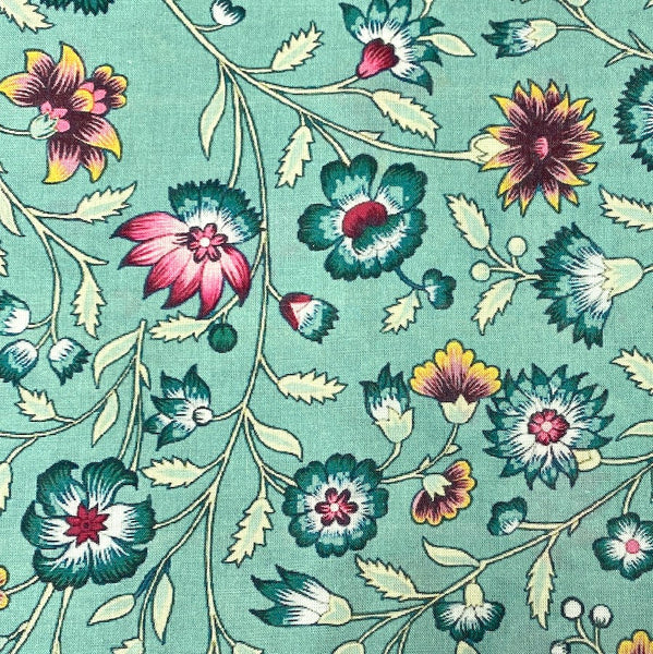 Teal Floral Cotton Print from India, 1 Yard Piece #LB-36