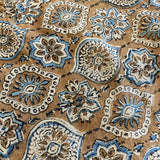 Brown/Blue/Tan Traditional Hand Block Print from India, Vegetable Dyes, Cotton, 45" Wide By the Yard #TK-32