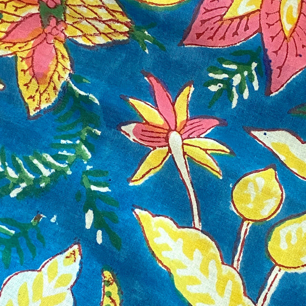 SALE, Turquoise Tropical Floral Hand Block Print from India, 44" Wide, 100% Cotton, By the Yard #TK-44